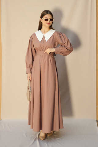 Sivri Bebe Yaka Elbise Koyu Somon - 4