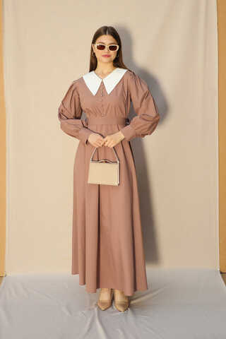 Sivri Bebe Yaka Elbise Koyu Somon - 2