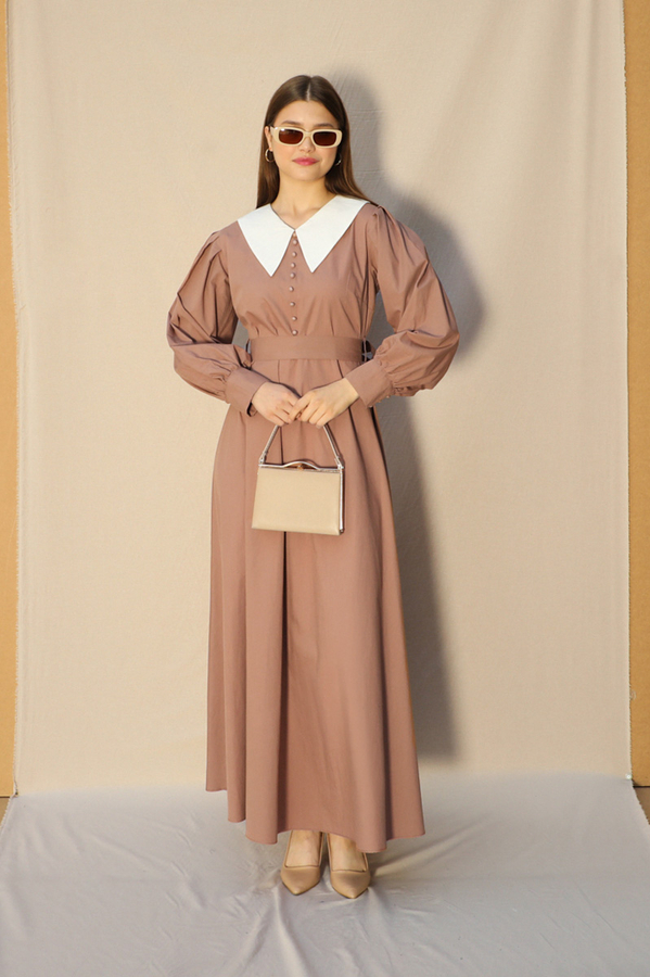 Sivri Bebe Yaka Elbise Koyu Somon - 2