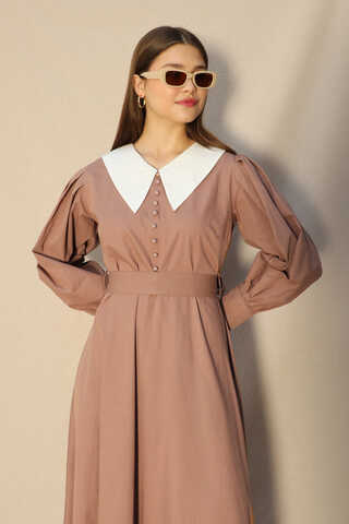 Sivri Bebe Yaka Elbise Koyu Somon - 1