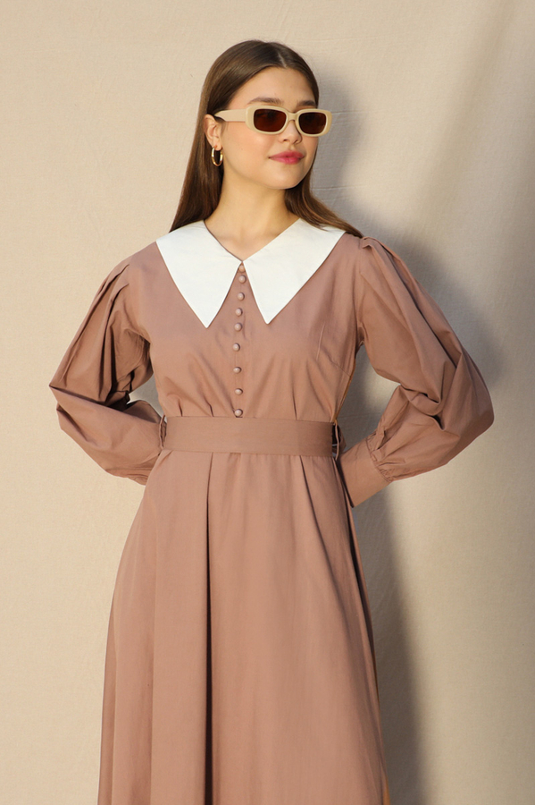 Sivri Bebe Yaka Elbise Koyu Somon - 1