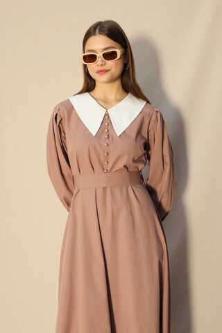 Sivri Bebe Yaka Elbise Koyu Somon - 5