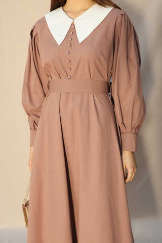 Sivri Bebe Yaka Elbise Koyu Somon - 3