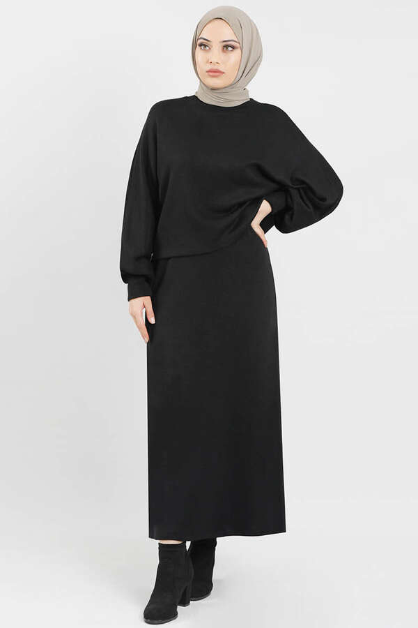 Skirted Wool Knitwear Suit Black - 1