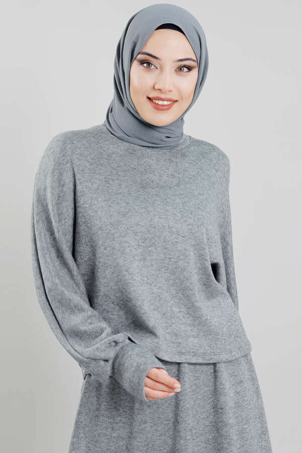 Skirted Wool Knitwear Suit Grey - 2