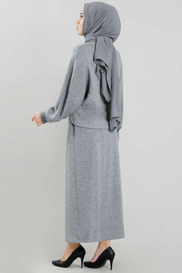 Skirted Wool Knitwear Suit Grey - 3