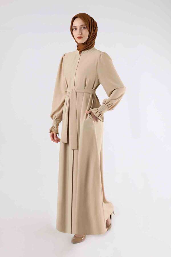 Sleeves Pleated Dress Abaya Cream - 1