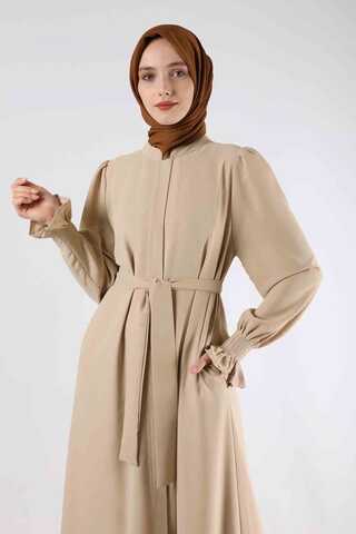 Sleeves Pleated Dress Abaya Cream - 2