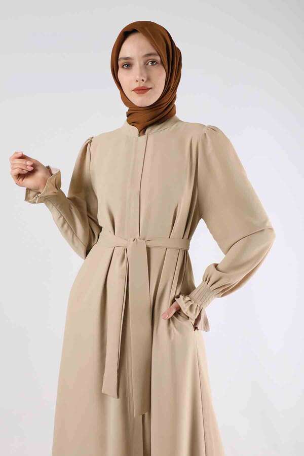 Sleeves Pleated Dress Abaya Cream - 2