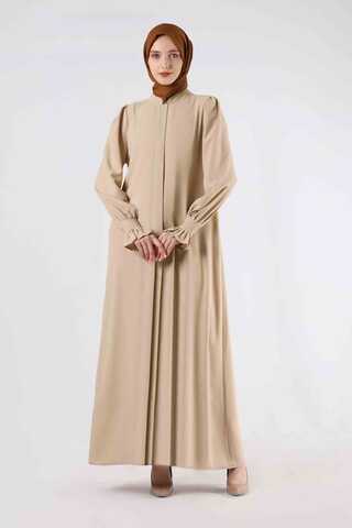 Sleeves Pleated Dress Abaya Cream - 3