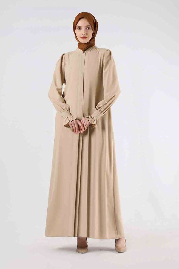 Sleeves Pleated Dress Abaya Cream - 3