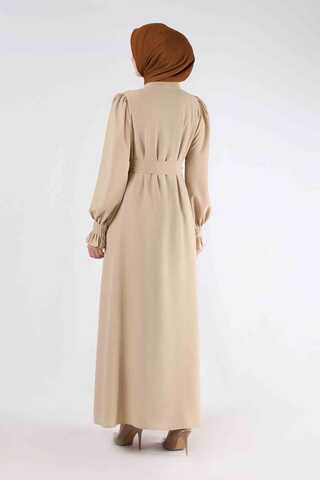 Sleeves Pleated Dress Abaya Cream - 5