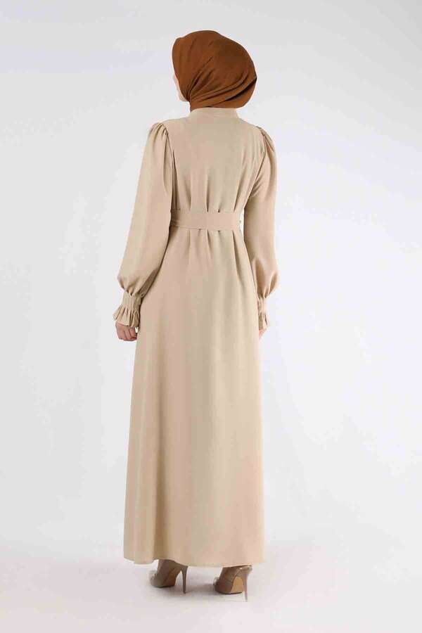 Sleeves Pleated Dress Abaya Cream - 5