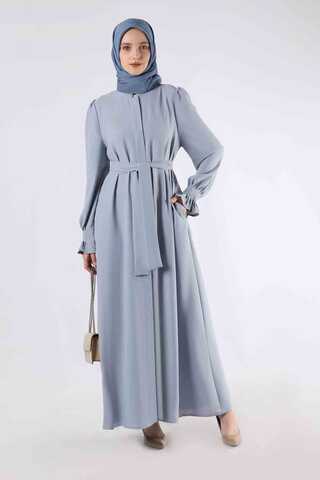 Sleeves Pleated Dress Abaya Gray - 1