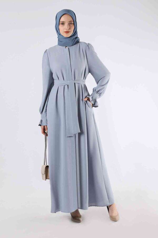 Sleeves Pleated Dress Abaya Gray - 1