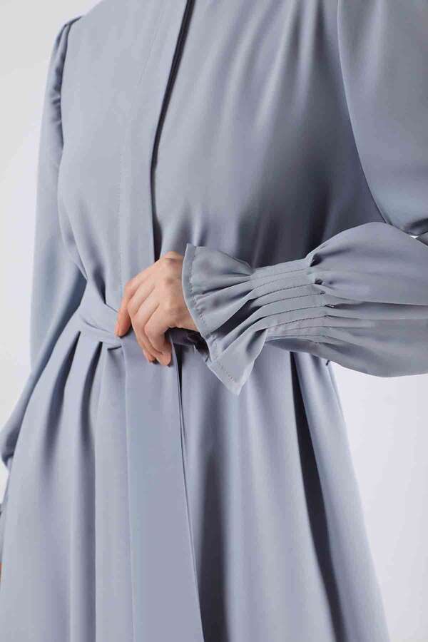 Sleeves Pleated Dress Abaya Gray - 2