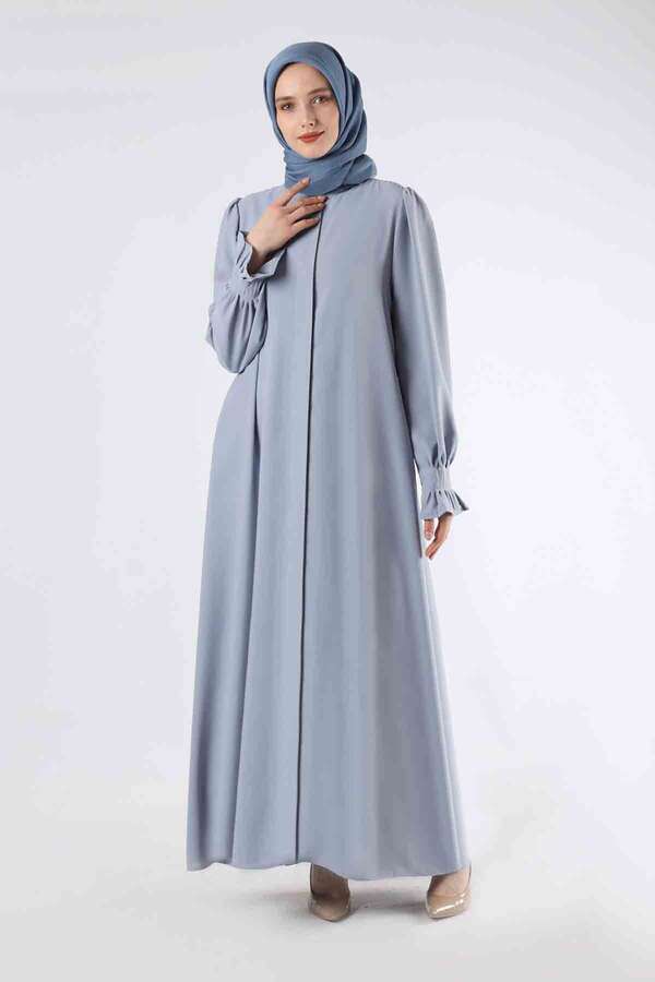 Sleeves Pleated Dress Abaya Gray - 3