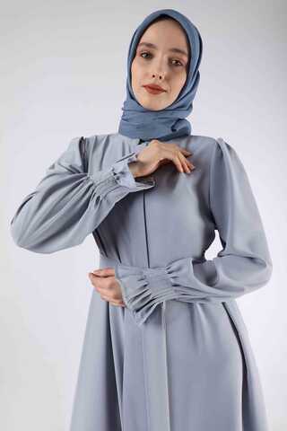 Sleeves Pleated Dress Abaya Gray - 4