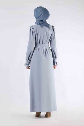 Sleeves Pleated Dress Abaya Gray - 5