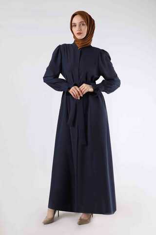 Sleeves Pleated Dress Abaya Navy Blue - 1