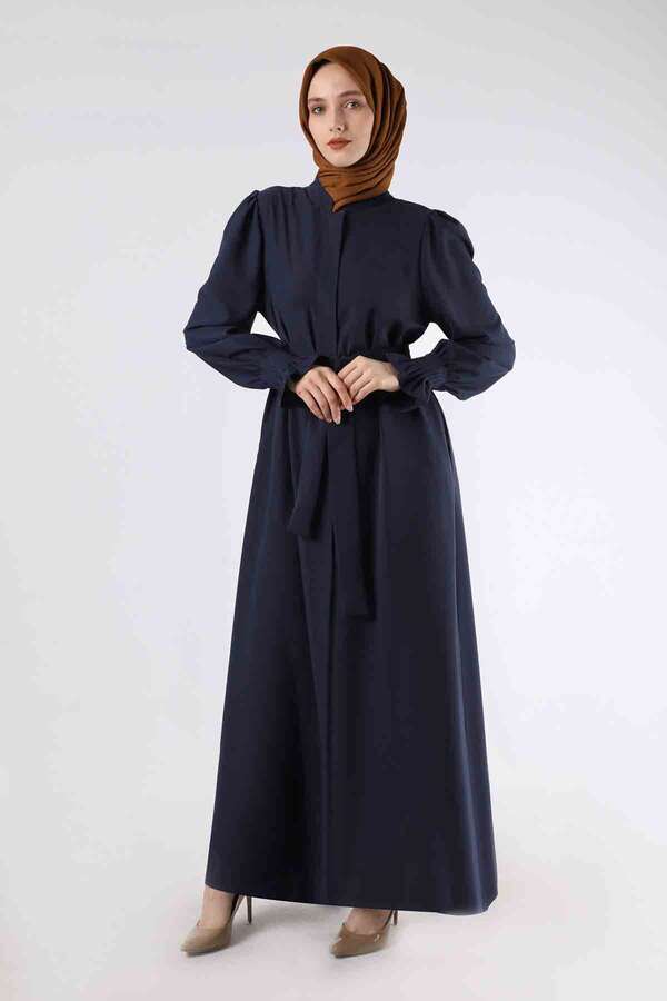 Sleeves Pleated Dress Abaya Navy Blue - 1