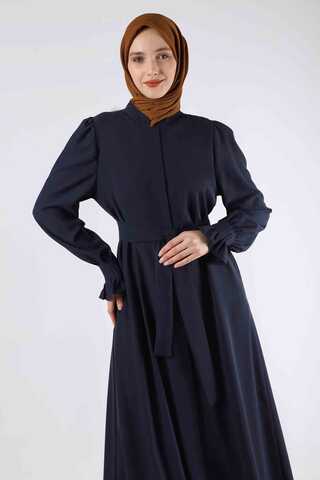 Sleeves Pleated Dress Abaya Navy Blue - 2