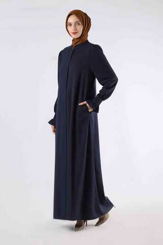 Sleeves Pleated Dress Abaya Navy Blue - 3