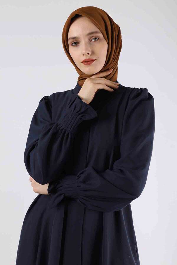Sleeves Pleated Dress Abaya Navy Blue - 4