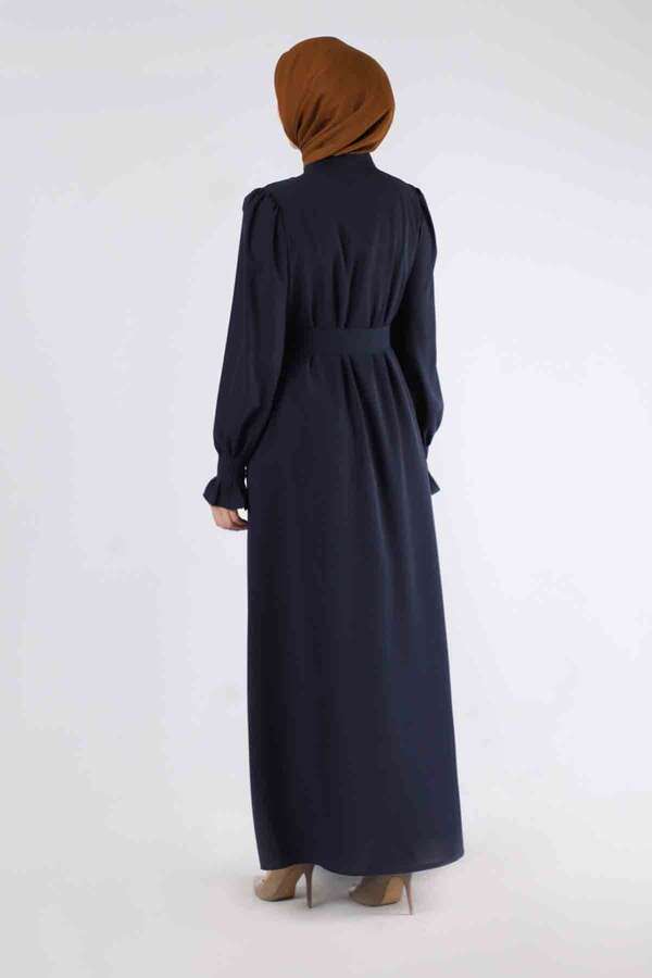 Sleeves Pleated Dress Abaya Navy Blue - 5