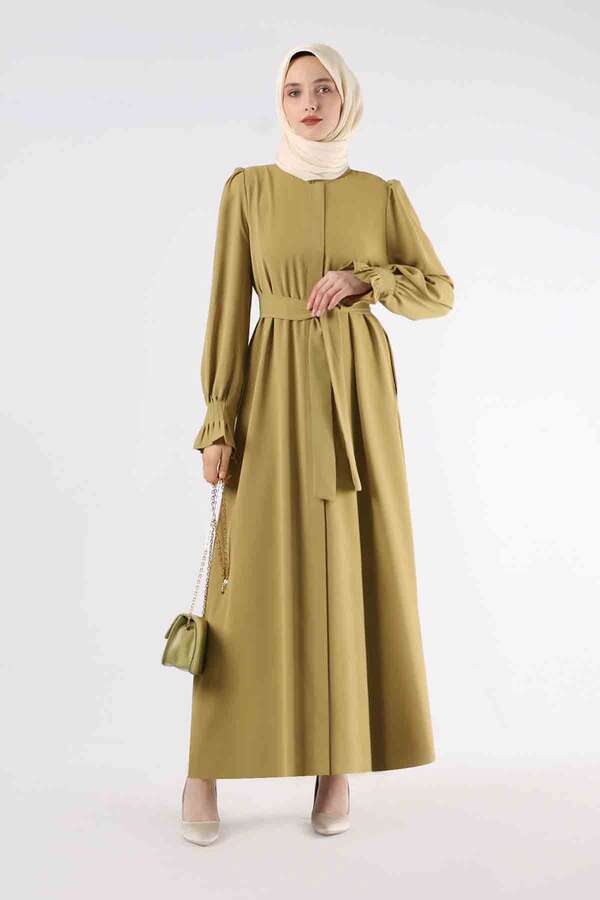 Sleeves Pleated Dress Abaya Oil Green - 1