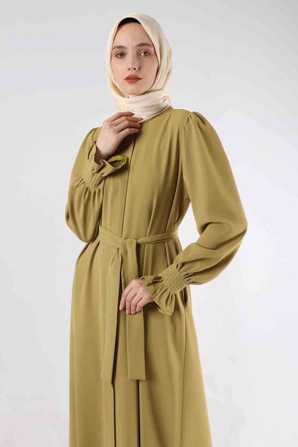 Sleeves Pleated Dress Abaya Oil Green - 2
