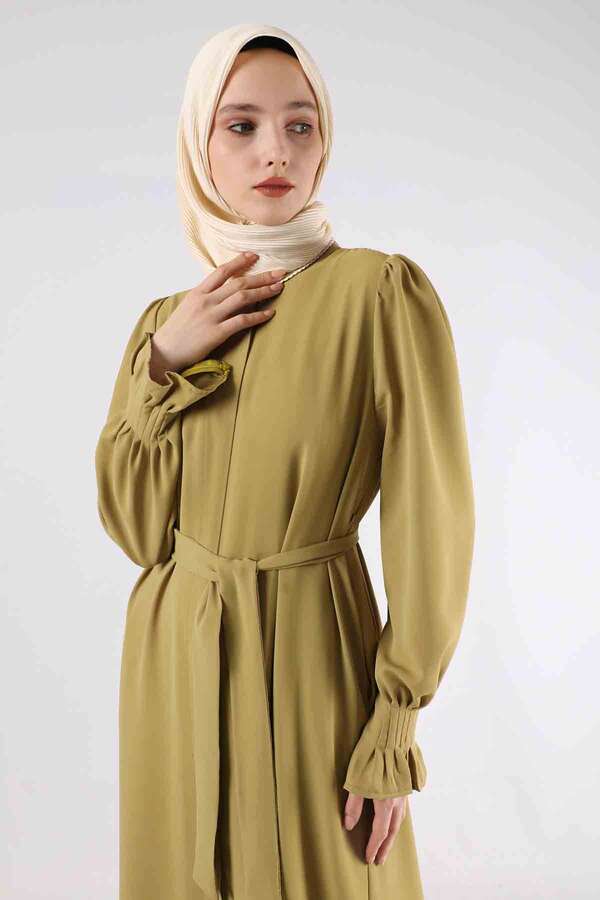 Sleeves Pleated Dress Abaya Oil Green - 4