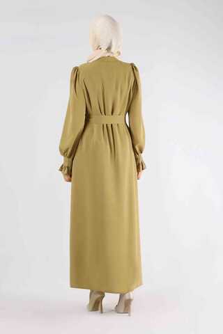 Sleeves Pleated Dress Abaya Oil Green - 5
