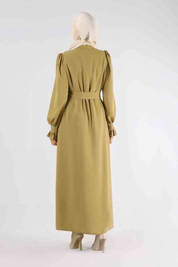 Sleeves Pleated Dress Abaya Oil Green - 5