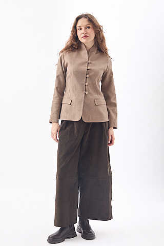 Slim Fit Yüksek Yaka Yönlü Ceket Bej - 1