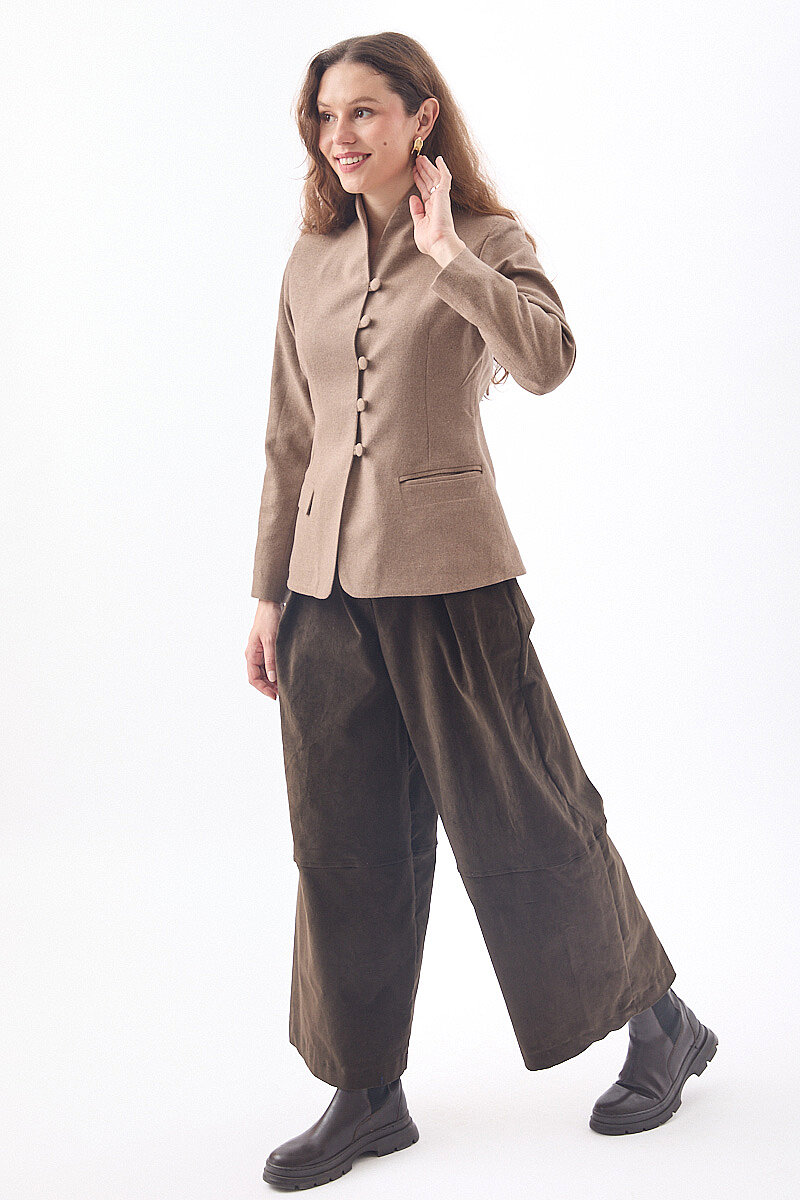 Slim Fit Yüksek Yaka Yönlü Ceket Bej - 3