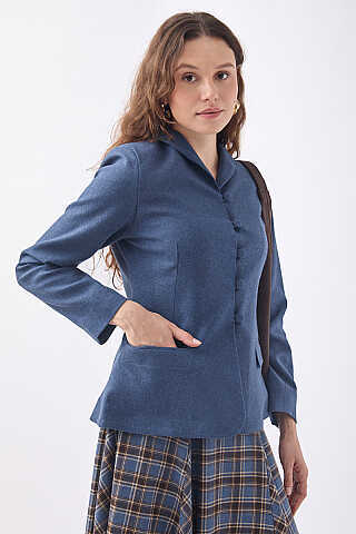 Slim Fit Yüksek Yaka Yönlü Ceket İndigo - 3