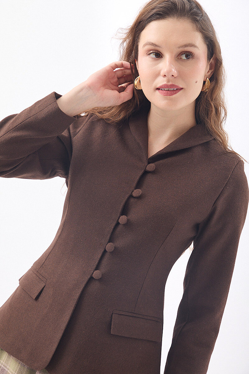 Slim Fit Yüksek Yaka Yönlü Ceket Kahve - 5