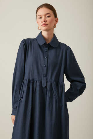 Slub Cotton Dress Navy Blue - 2