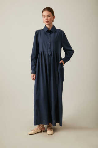 Slub Cotton Dress Navy Blue - 1