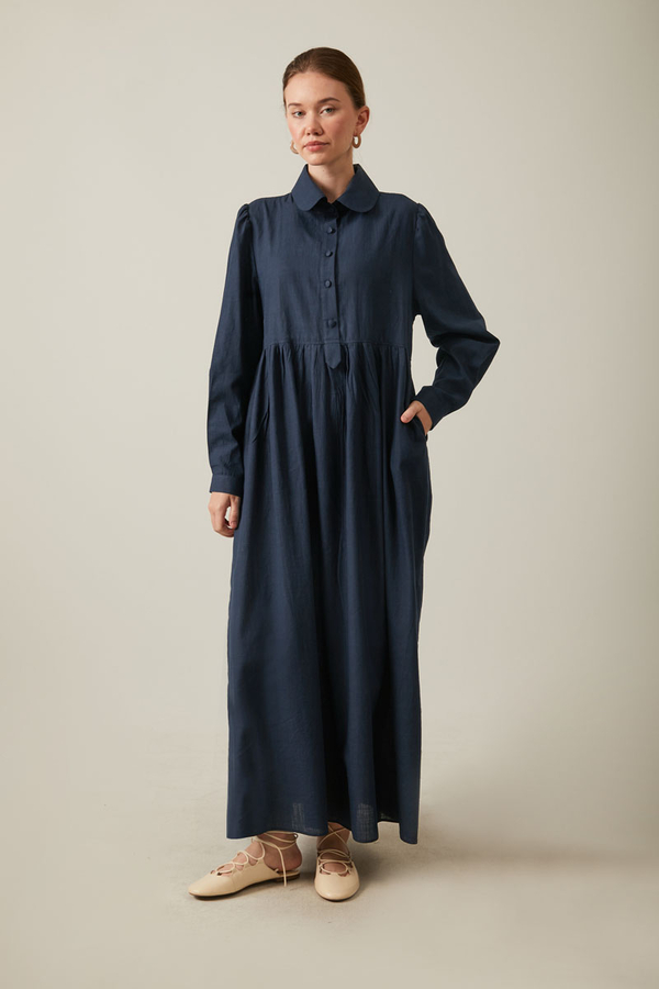 Slub Cotton Dress Navy Blue - 1