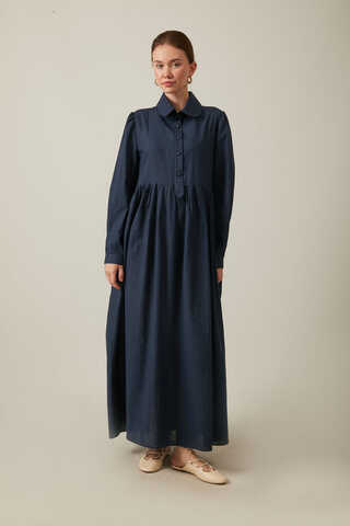 Slub Cotton Dress Navy Blue - 4
