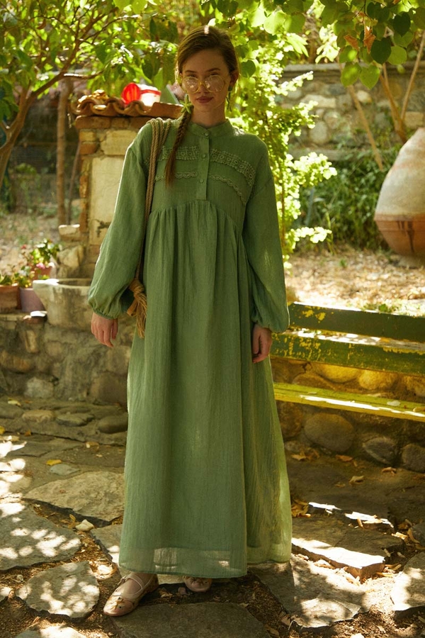 Soft Green Lace Yoke Dress - 3