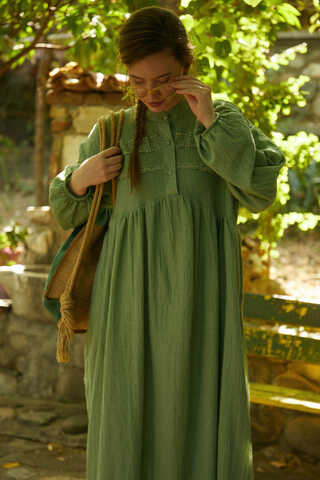 Soft Green Lace Yoke Dress - 5