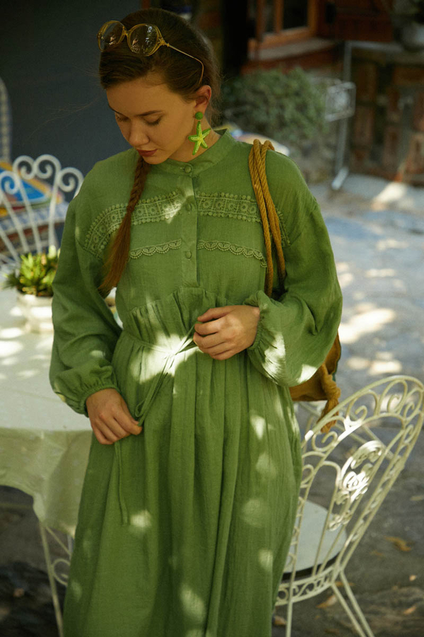 Soft Green Lace Yoke Dress - 8