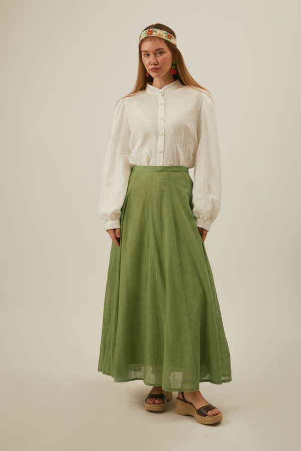 Soft Green Relaxed Skirt with Stitch Details - 10
