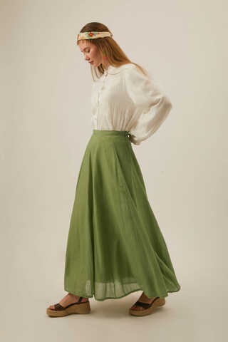 Soft Green Relaxed Skirt with Stitch Details - 13