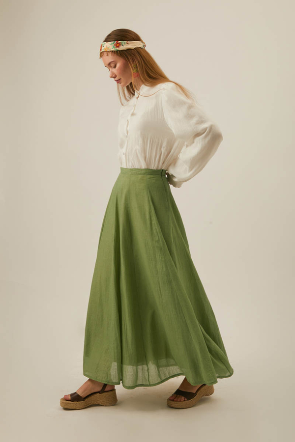 Soft Green Relaxed Skirt with Stitch Details - 13