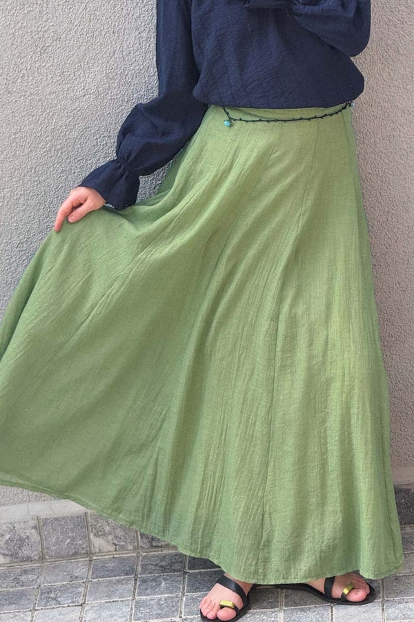 Soft Green Relaxed Skirt with Stitch Details - 5