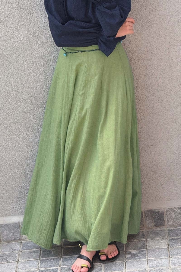 Soft Green Relaxed Skirt with Stitch Details - 6